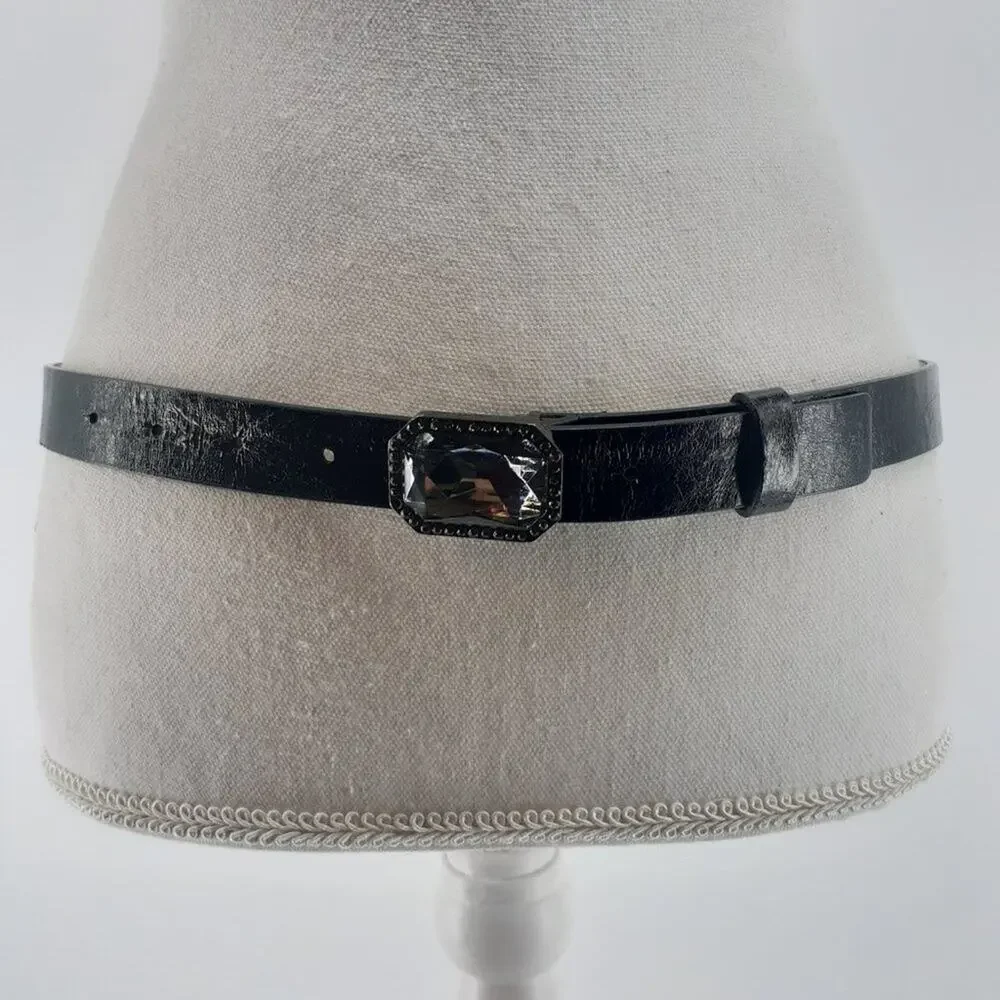 Women's Faux Leather black Large Rhinestone buckle Fashion Dress Accessory Sz 32
